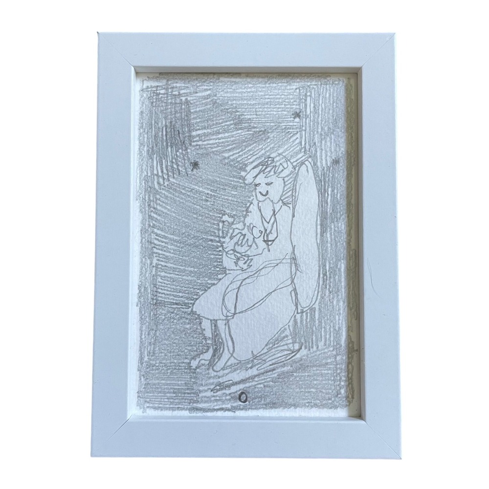 Original Pencil Drawing Granny Rocking Me In Chair 5x7 Framed Spiritual Art
